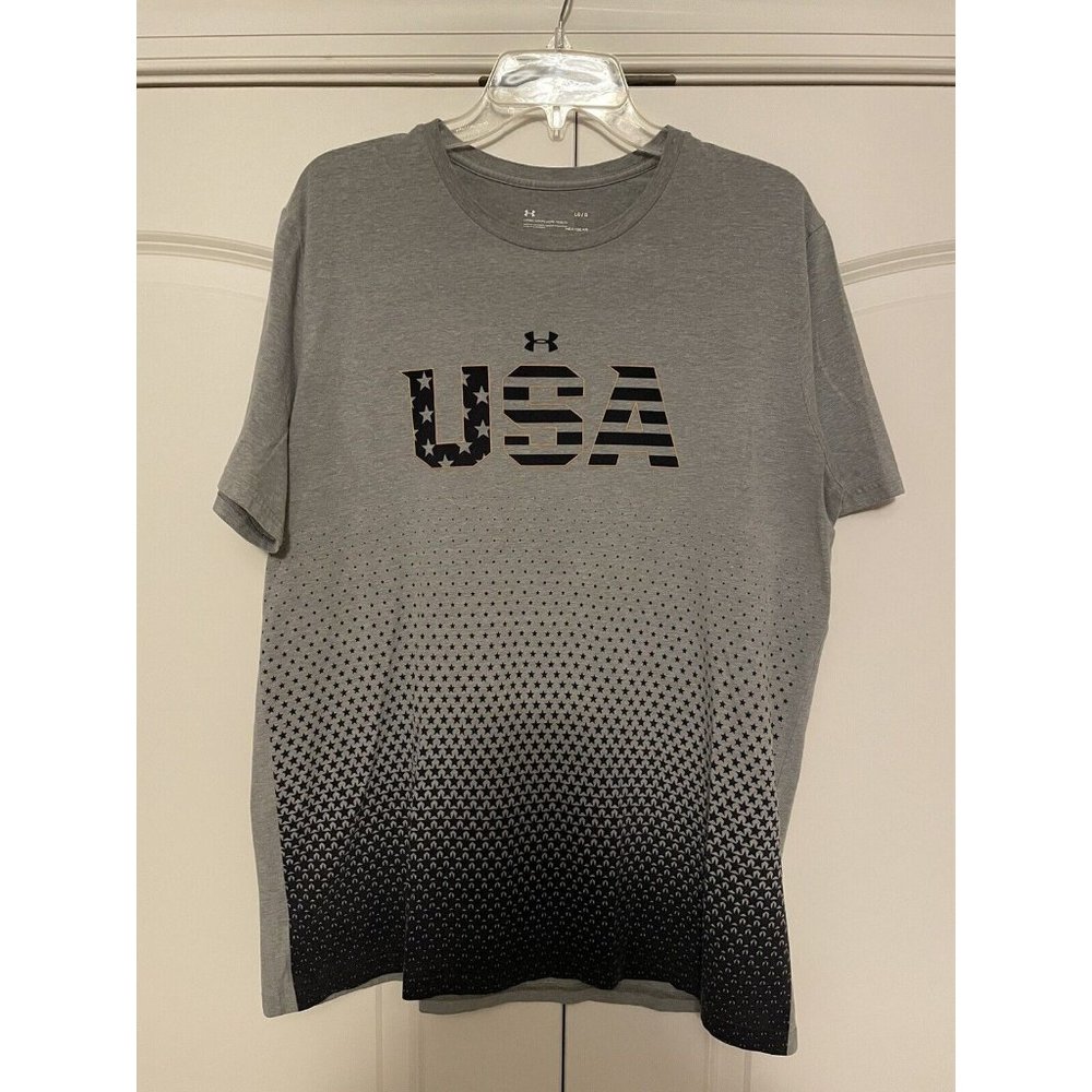 Under Armour Shirt Men's L Loose Heatgear Tee USA  American Flag Logo Gray Blue